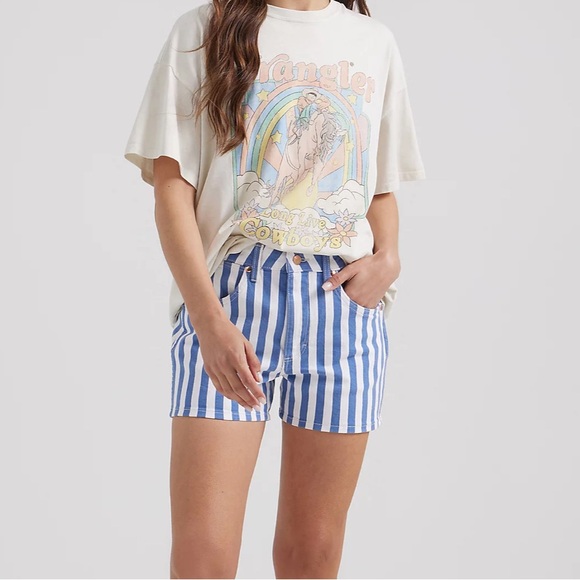 NWT WRANGLER "COWBOY SHORT HIGH RISE" IN BENGAL BLUE STRIPE- 24 - Picture 5 of 9